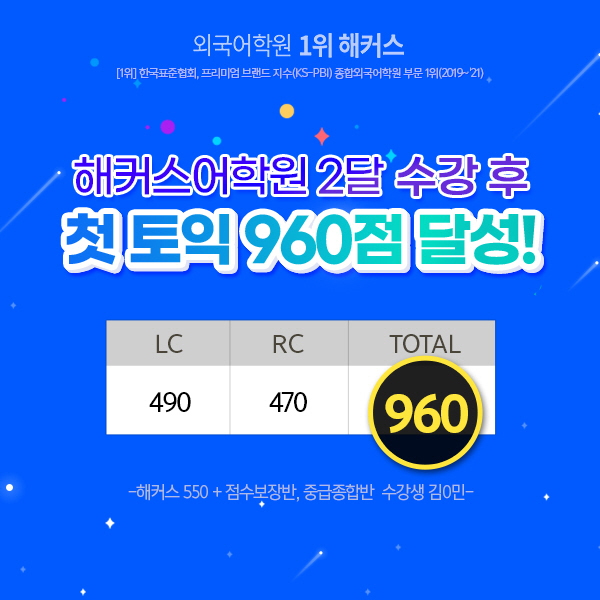 해커스어학원, 두 달 수강 후 '첫 토익 960점 달성' 후기 공개 해커스어학원, 두 달 수강 후 '첫 토익 960점 달성' 후기 공개