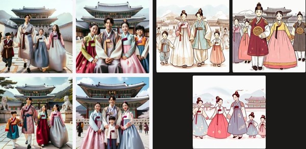[한복가족의 궁궐나들이, 좌측사진=챗gpt 우측사진=Bing]