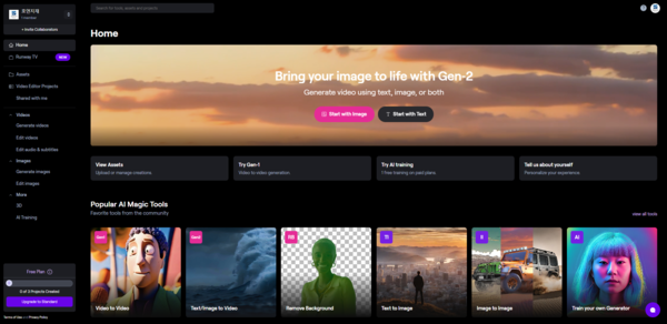 [‘Runway 홈 화면’ 출처 : Runwayml.com]