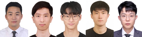 (왼쪽부터) KU-KIST 융합대학원 김근우, 컴퓨터학과 백인철, KU-KIST 융합대학원 이시화, 신소재공학부 김재학, 화학과 학봉(He Peng) [사진출처=고려대학교]